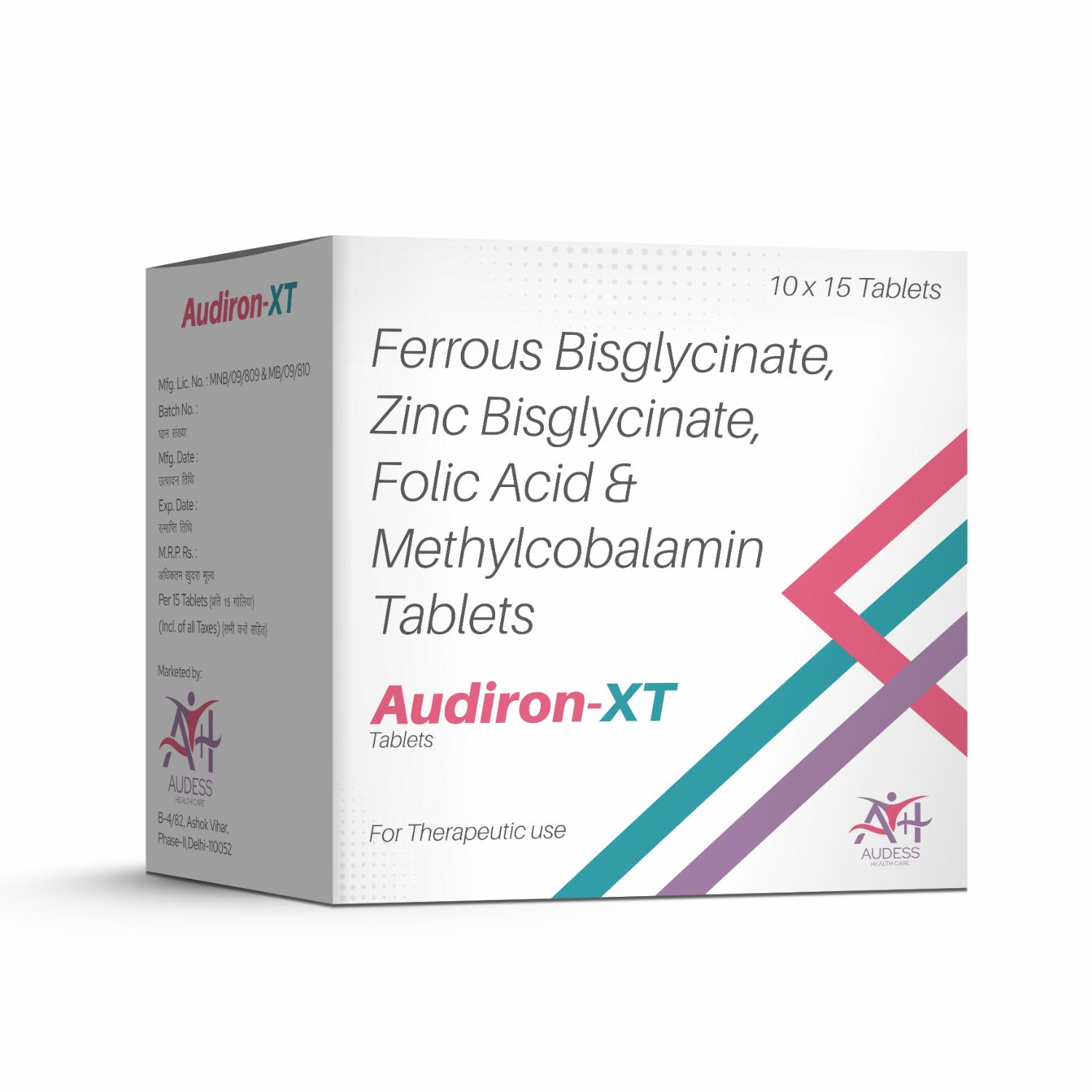 Ferrous Bisglycinate, Zinc Bisglycinate, Folic Acid & Methylcobalamin Tablets - Audiron-XT - Audess Health Care