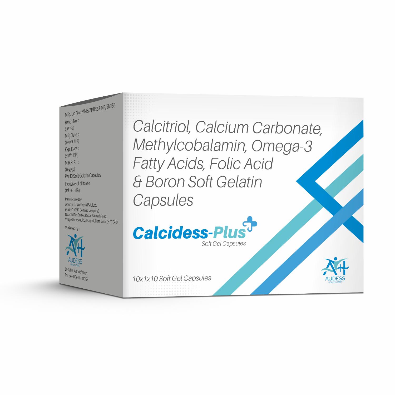 Omega 3 Fatty Acids, Methylcobalamin, Folic Acid, Boron & Calcium Soft Gelatin Capsules - Calcidess-Plus - Audess Health Care